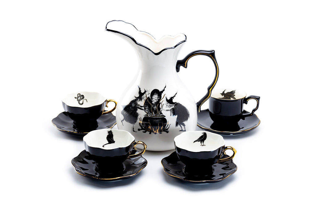 Witches Brew Pitcher + 4 Assorted Halloween Tea Cup and Saucer Sets - Ver. A