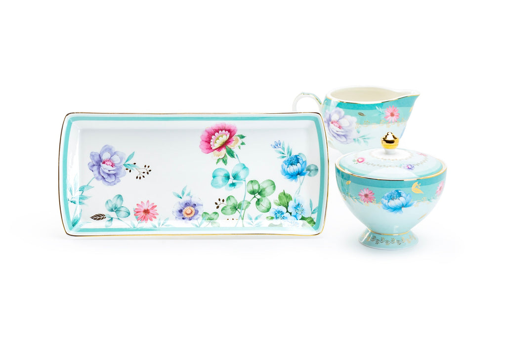Gift Boxed Mint Flower Garden Fine Porcelain Sugar Creamer & Serving Tray Set