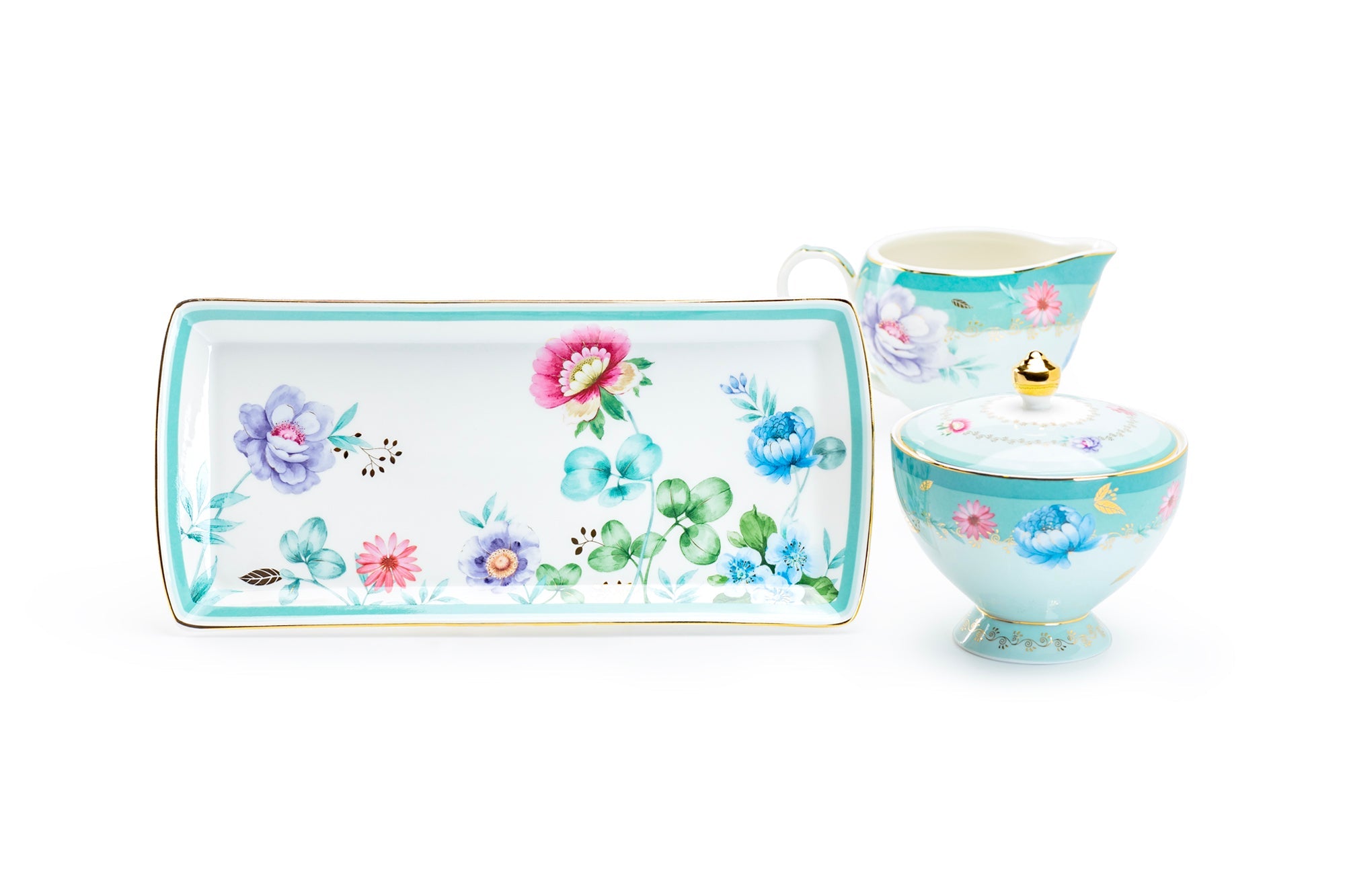 Gift Boxed Mint Flower Garden Fine Porcelain Sugar Creamer & Serving Tray Set