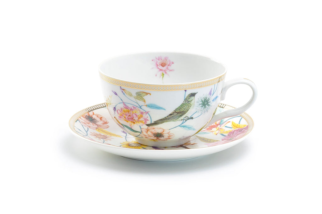Spring Flowers with Bird Fine Porcelain Latte Cup and Saucer