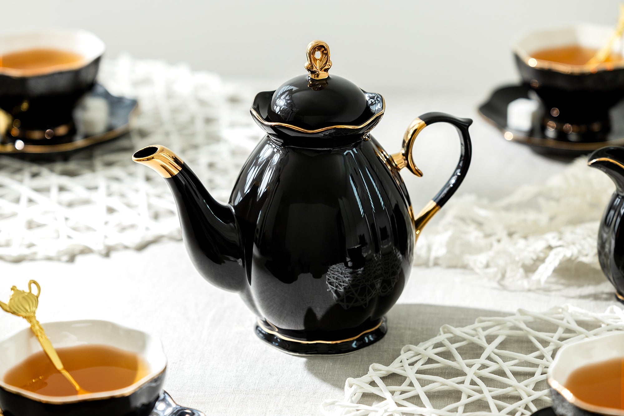 Black Gold Scallop Fine Porcelain Teapot - CLEARANCE