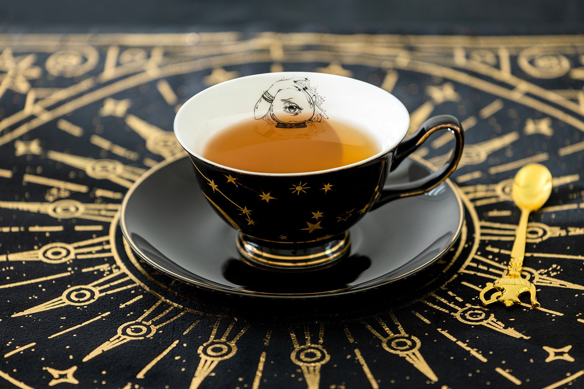 Witchy Crystal Ball Astrology Black Gold Tea Cup and Saucer - CLEARANCE