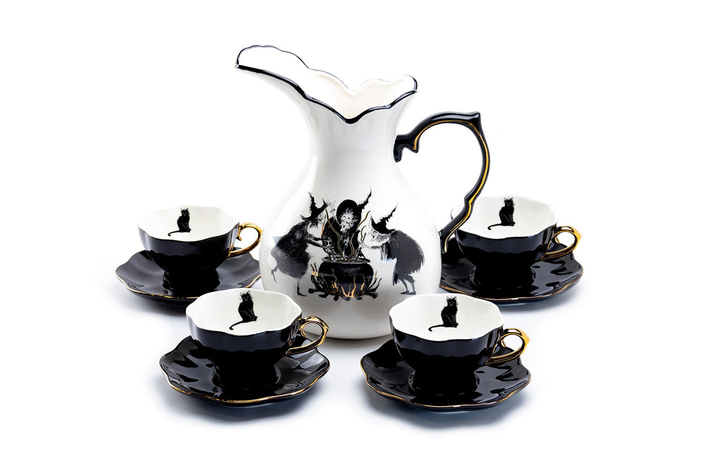 Witches Brew Pitcher + 4 Black Cat Tea Cup and Saucer Sets