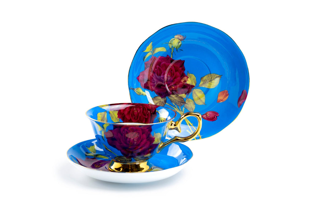 Gold Blue Stem Rose Bone China Tea Cup and Saucer