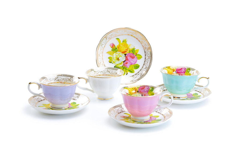 Rose Bouquet 3oz Espresso Cups and Saucers with Gift Box