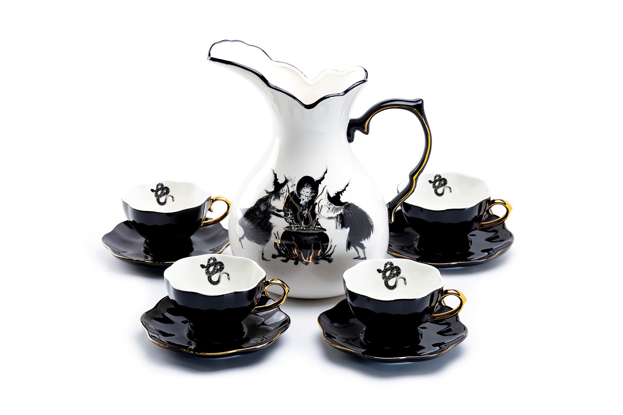 Witches Brew Pitcher + 4 Snake Tea Cup and Saucer Sets