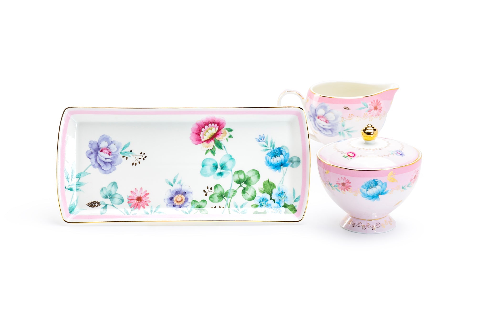 Gift Boxed Pink Flower Garden Fine Porcelain Sugar Creamer & Serving Tray Set