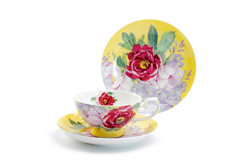 Red Peony Yellow Bone China Cup and Saucer