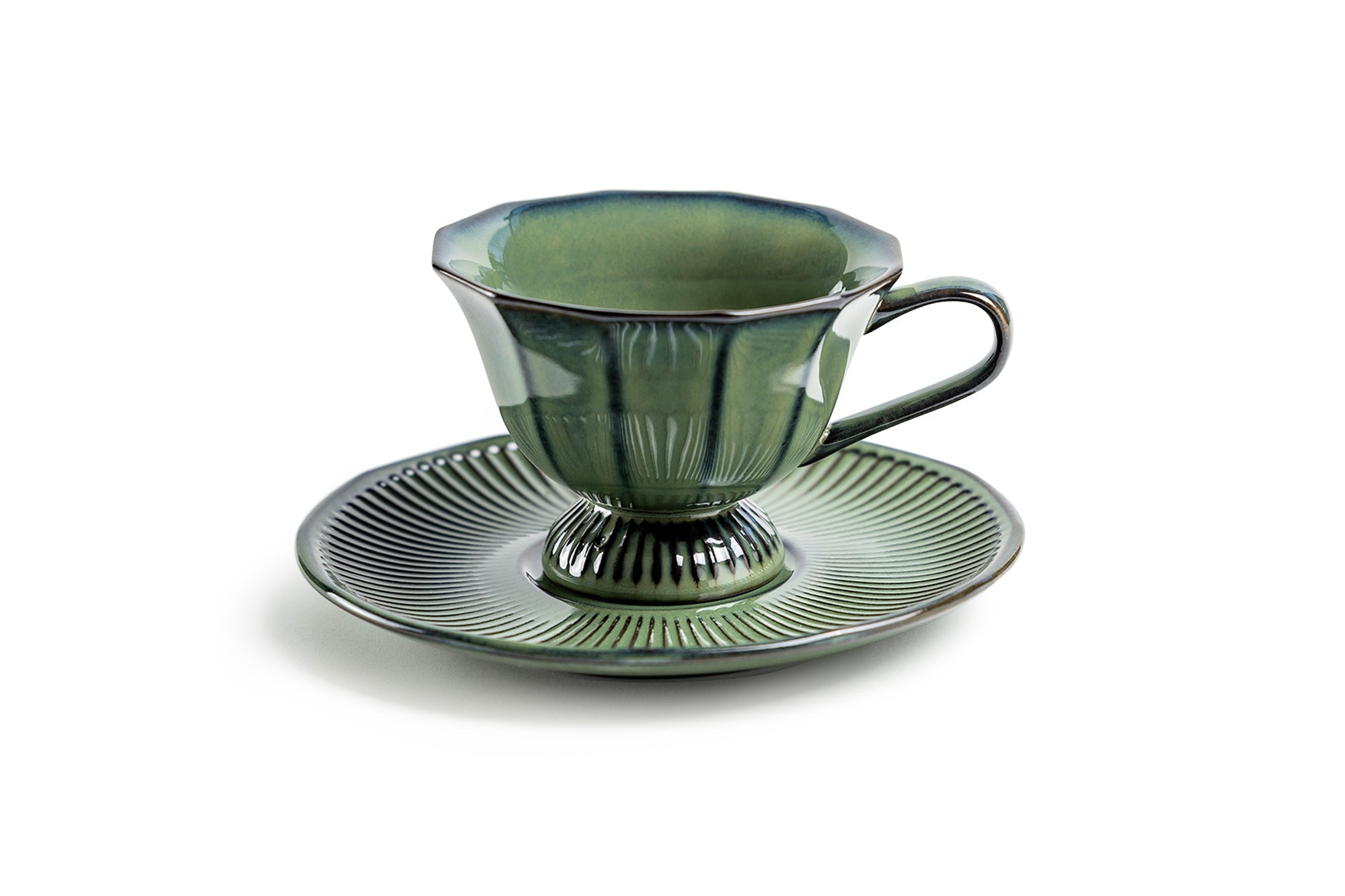 Emerald Elegance Reactive Glazed Fine Porcelain Cup and Saucer