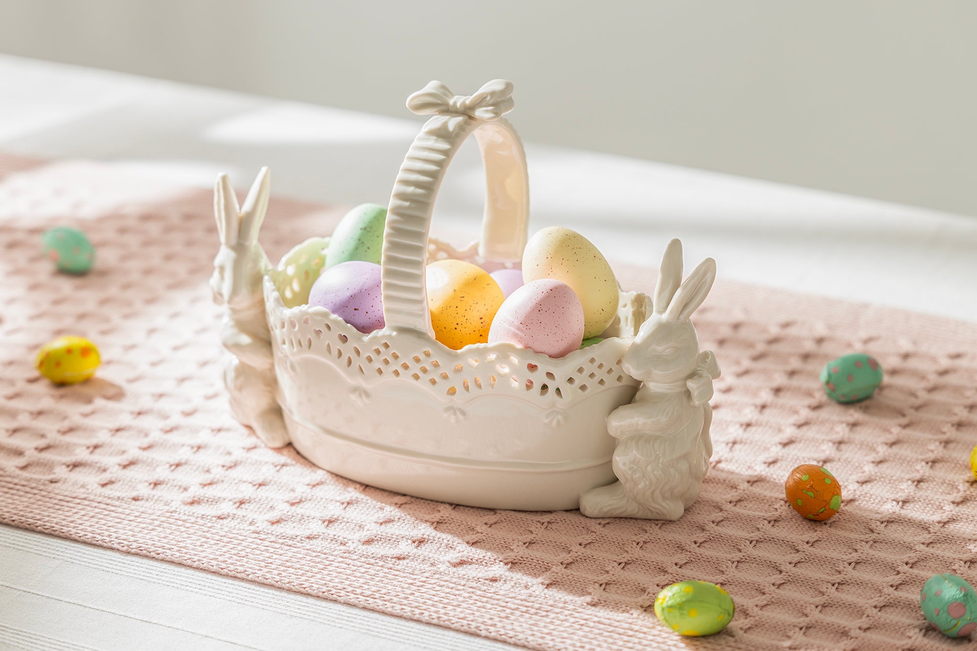 Bunny Figurine Fine Porcelain Basket