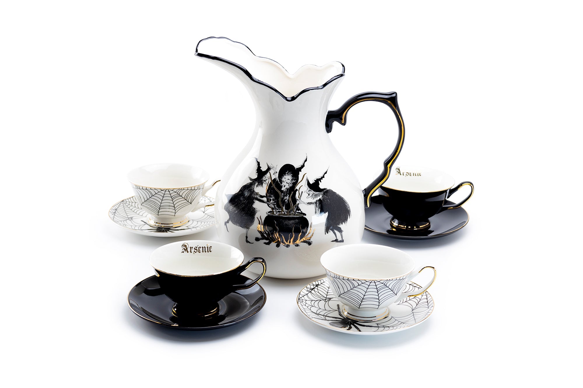 Witches Brew Pitcher + 4 Assorted Halloween Tea Cup and Saucer Sets - Arsenic Skull & Spider
