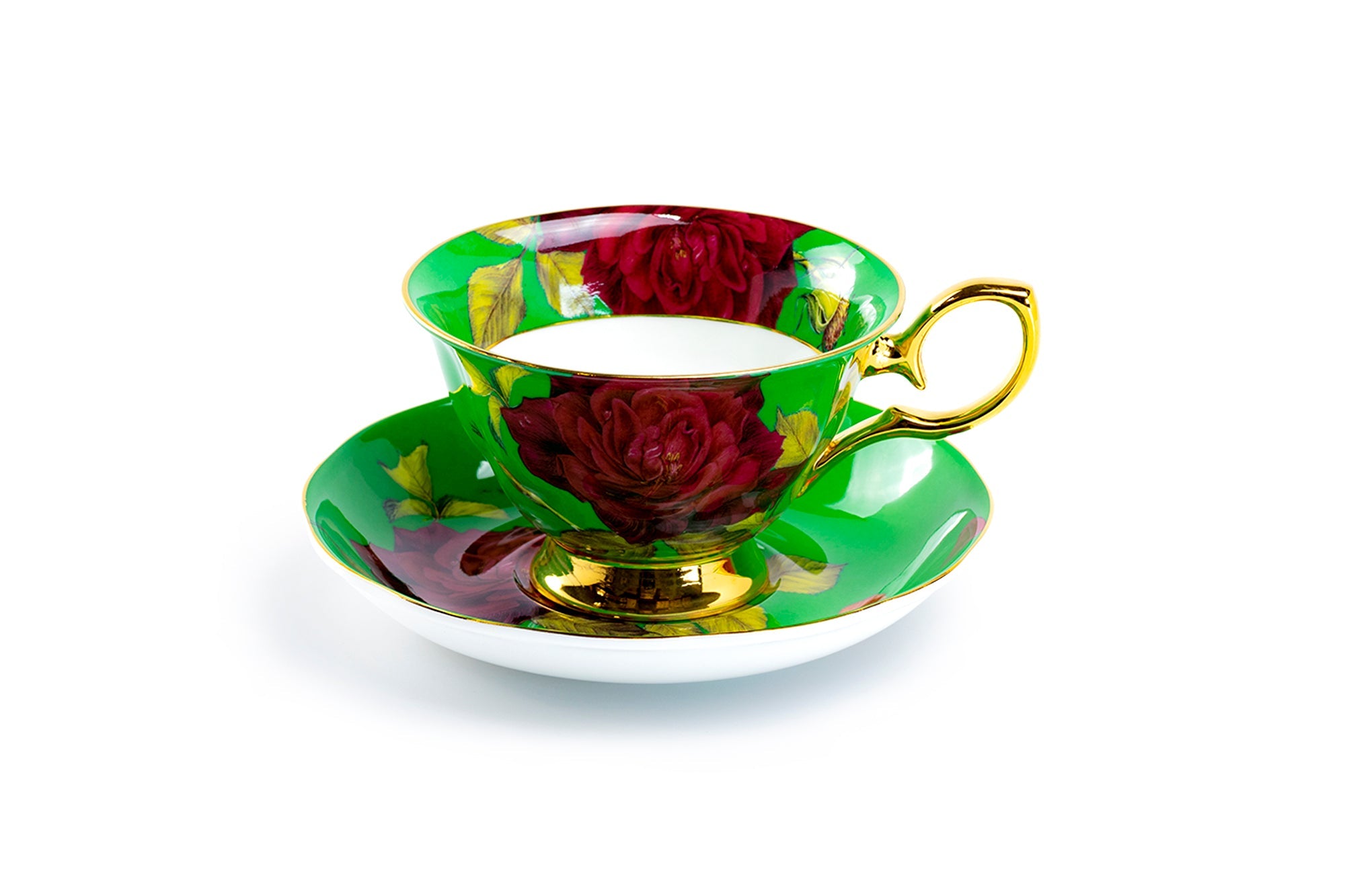 Gold Green Stem Rose Bone China Tea Cup and Saucer