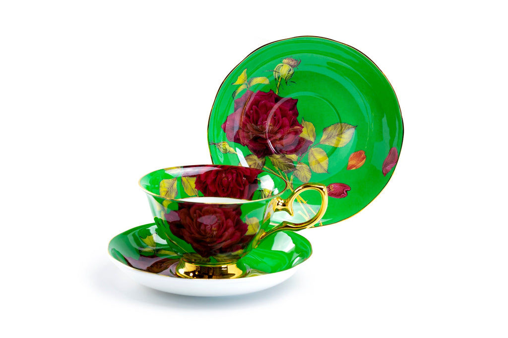 Gold Green Stem Rose Bone China Tea Cup and Saucer