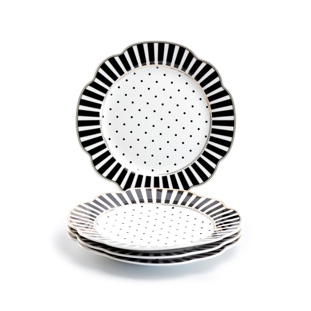 Black Josephine Stripes and Dots Fine Porcelain Dessert/Dinner Plate