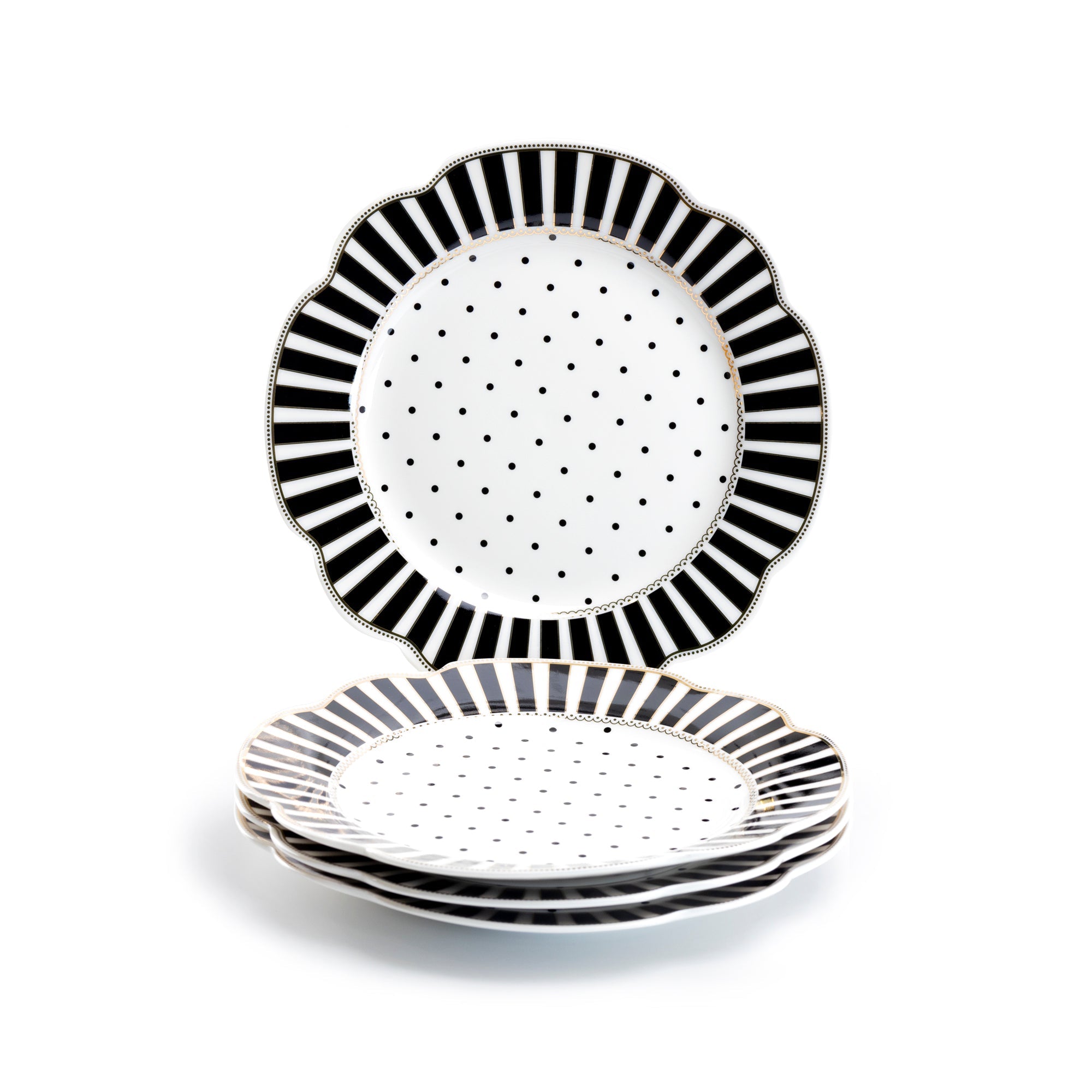 Black Josephine Stripes and Dots Fine Porcelain Dessert/Dinner Plate