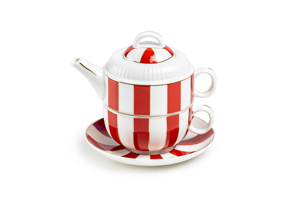 Red Carousel Stripes Fine Porcelain Tea For One Set - CLEARANCE