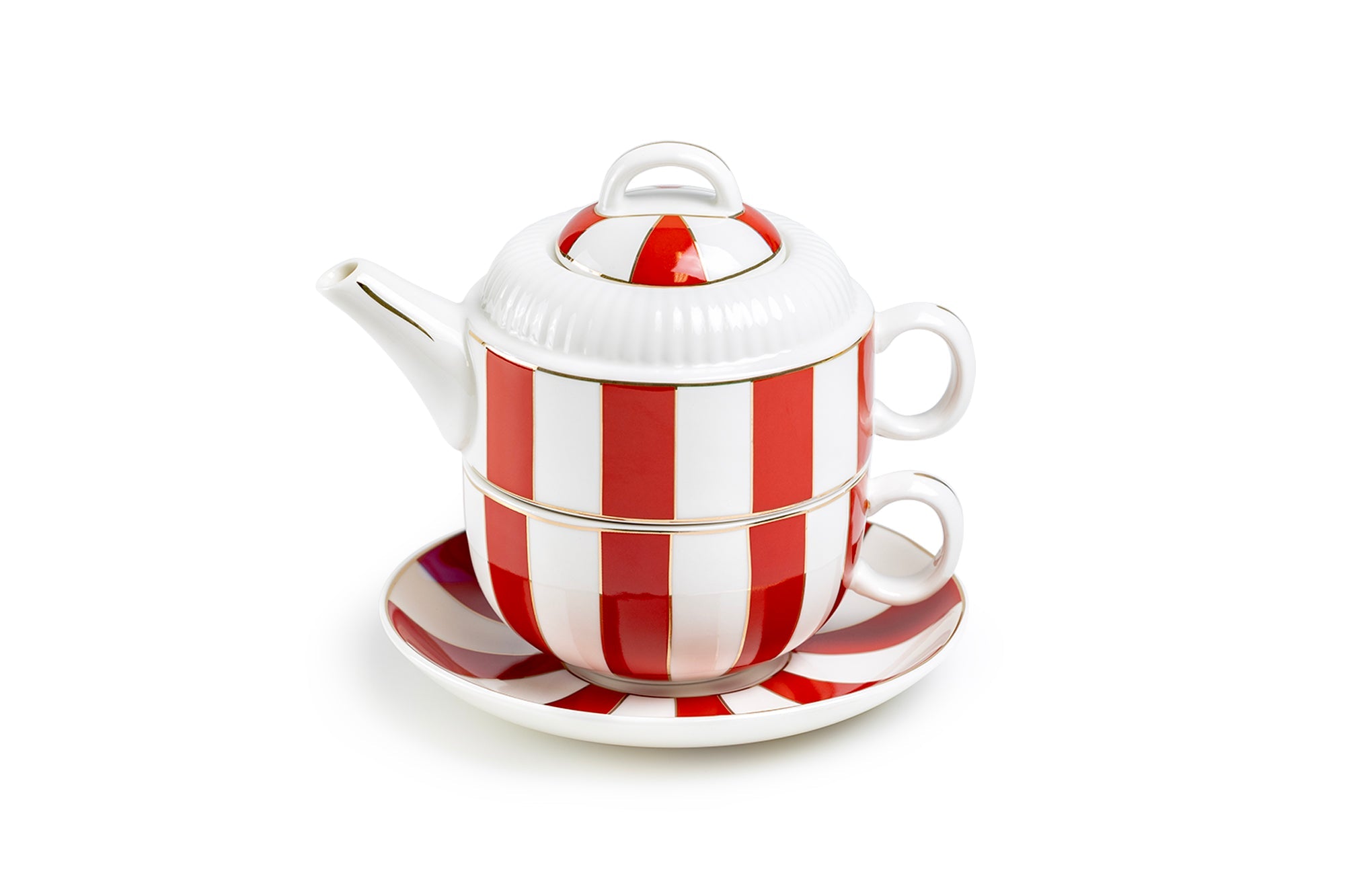 Red Carousel Stripes Fine Porcelain Tea For One Set - CLEARANCE