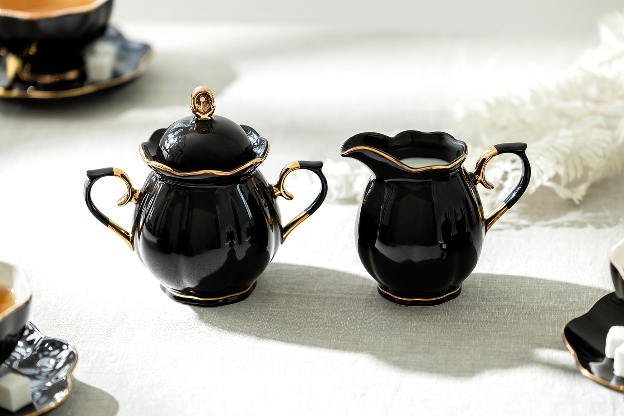Black Gold Scallop Fine Porcelain Sugar & Creamer Set - CLEARANCE