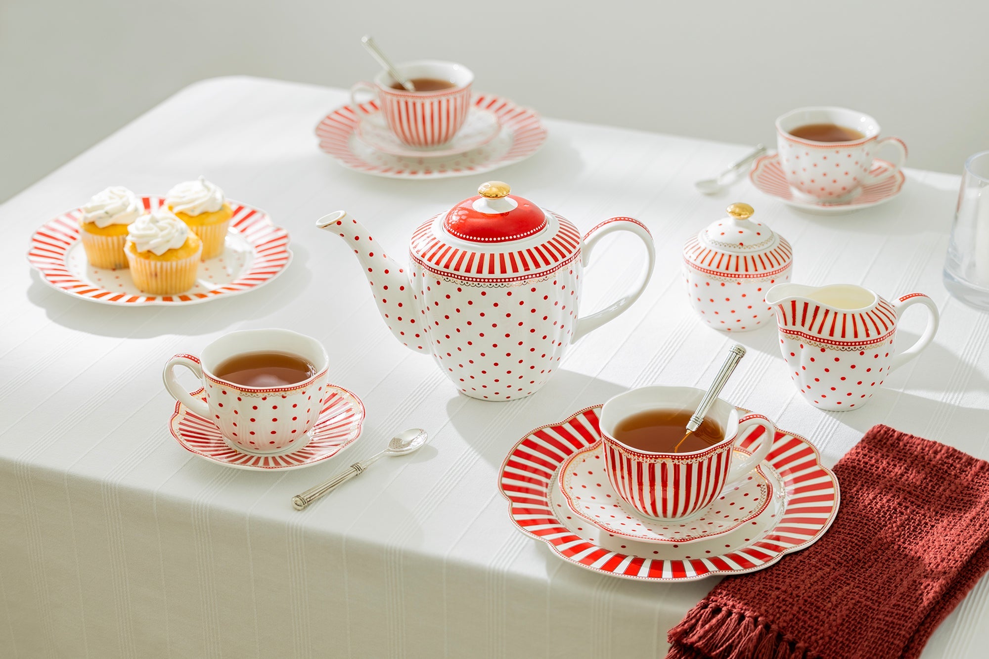 Red Josephine Stripes and Dots Fine Porcelain 11-Piece Tea Set