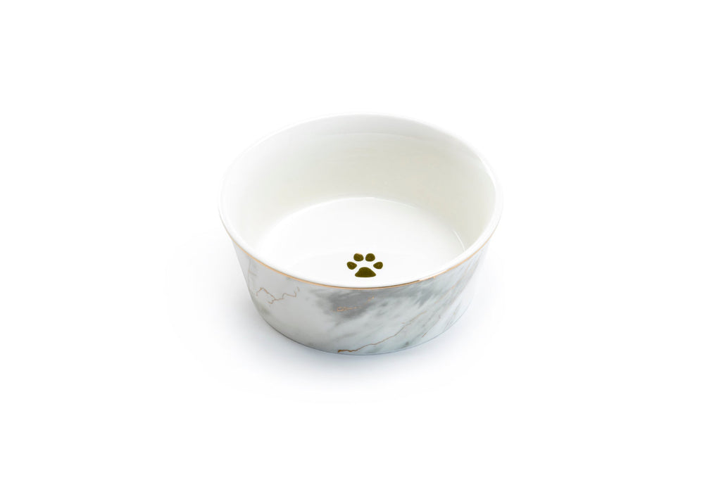 Gray Marble Gold Fine Porcelain Pet Bowl - 2 Sizes Available