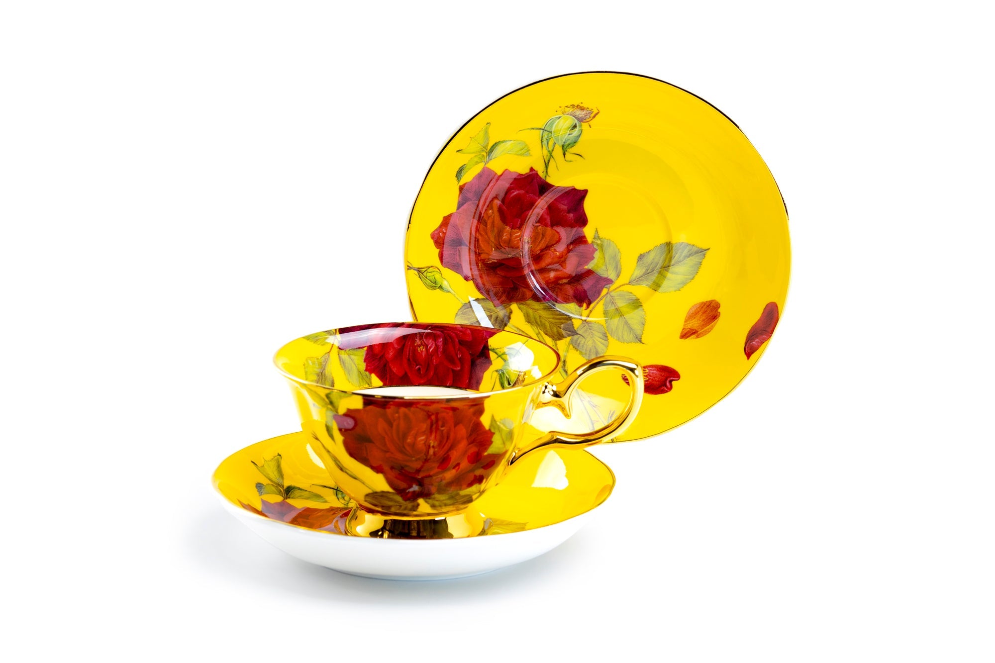 Gold Yellow Stem Rose Bone China Tea Cup and Saucer