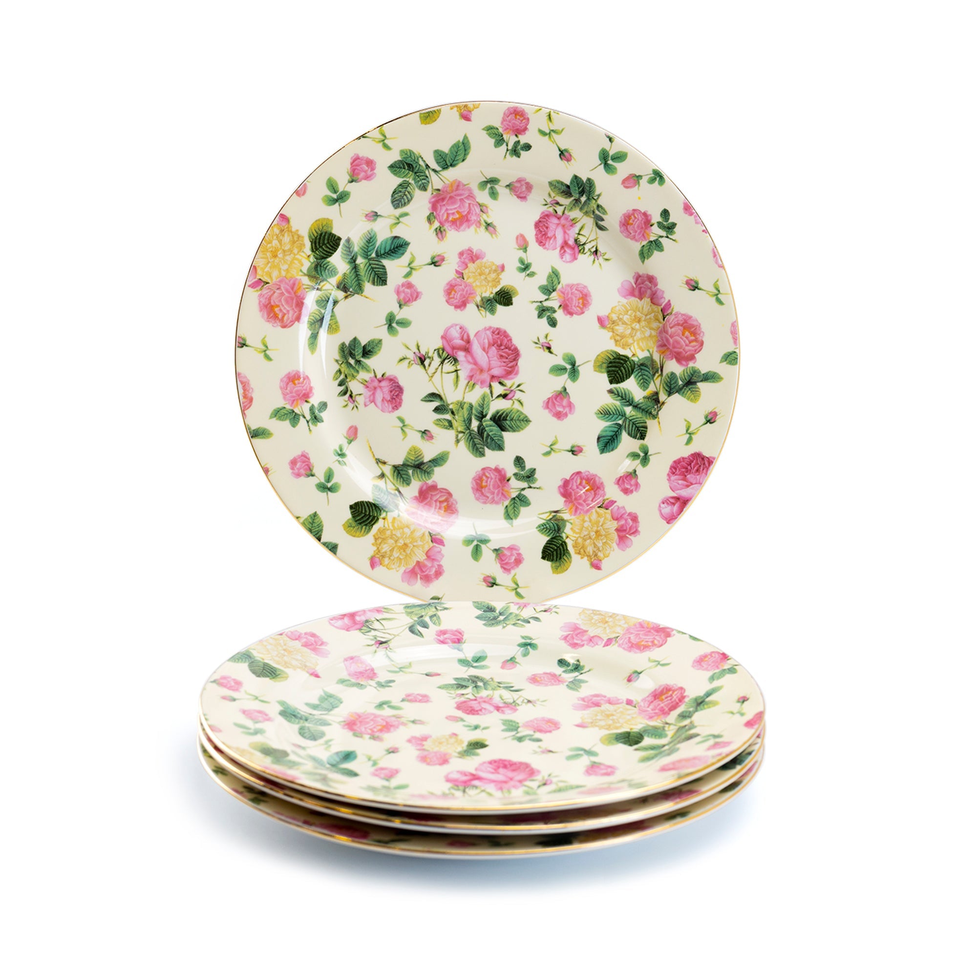 8" Cream Cottage Rose Chintz Fine Porcelain Dessert Plate with Gold Rim Set of 4