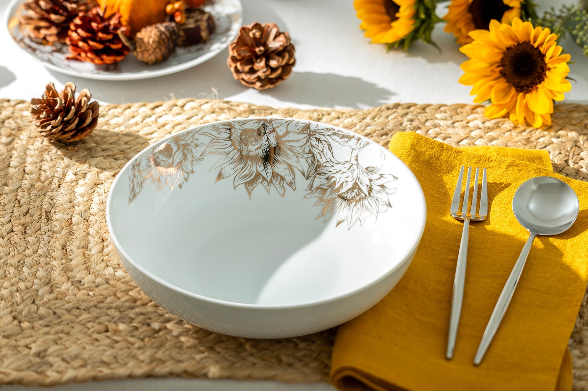 Gold Sunflowers Fine Porcelain Pasta Bowl