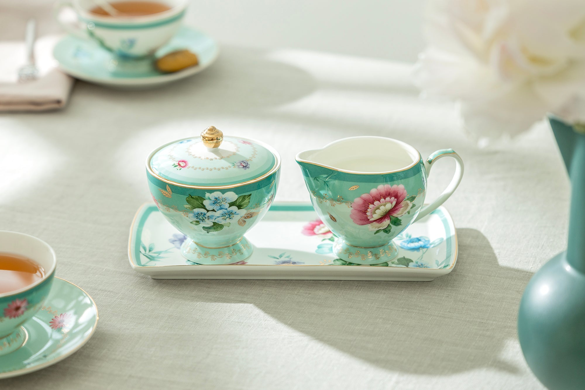 Gift Boxed Mint Flower Garden Fine Porcelain Sugar Creamer & Serving Tray Set