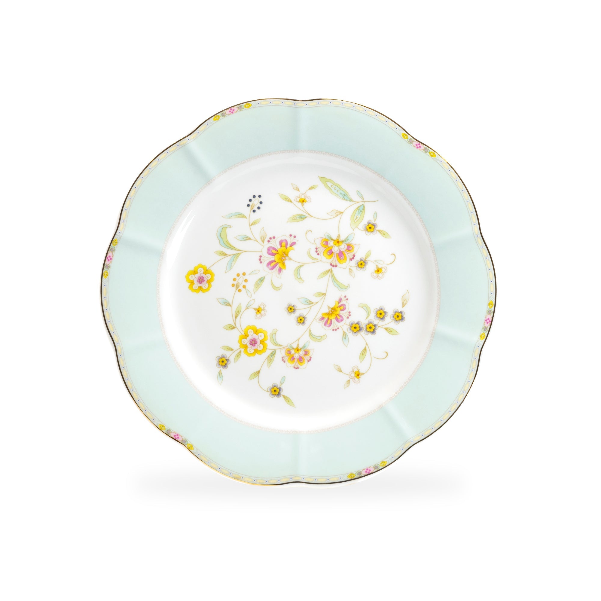 Yellow Corn Flowers with Mint Rim Fine Porcelain Dessert/Dinner Plate