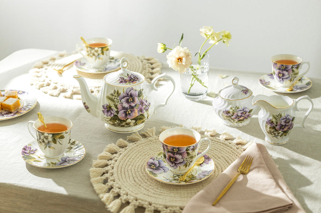 Purple Pansy Bone China 11-Piece Tea Set