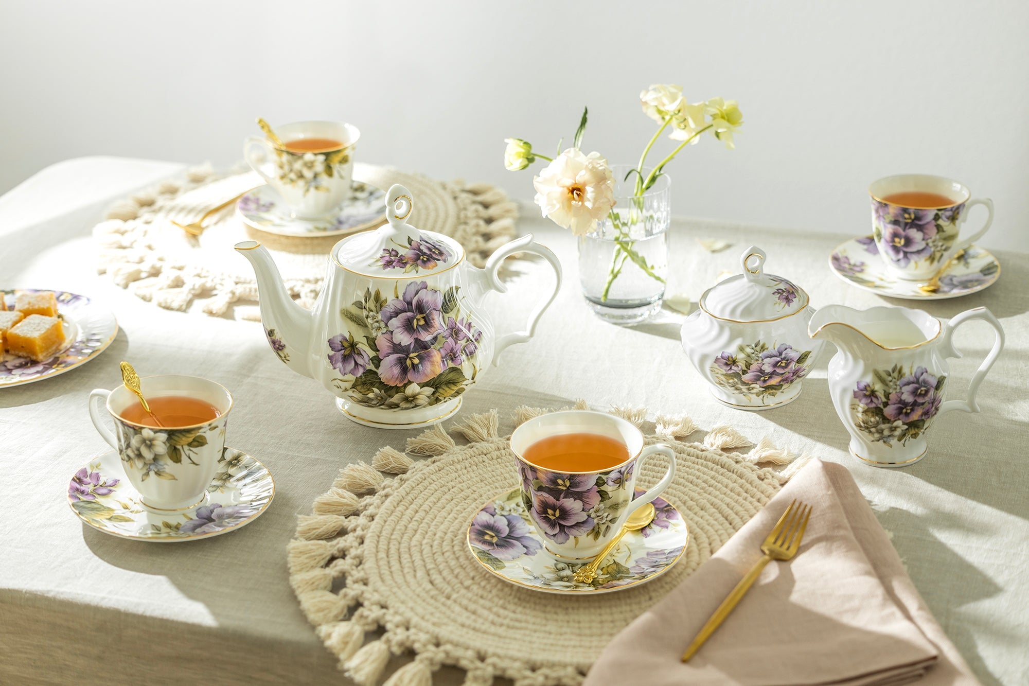 Purple Pansy Bone China 11-Piece Tea Set