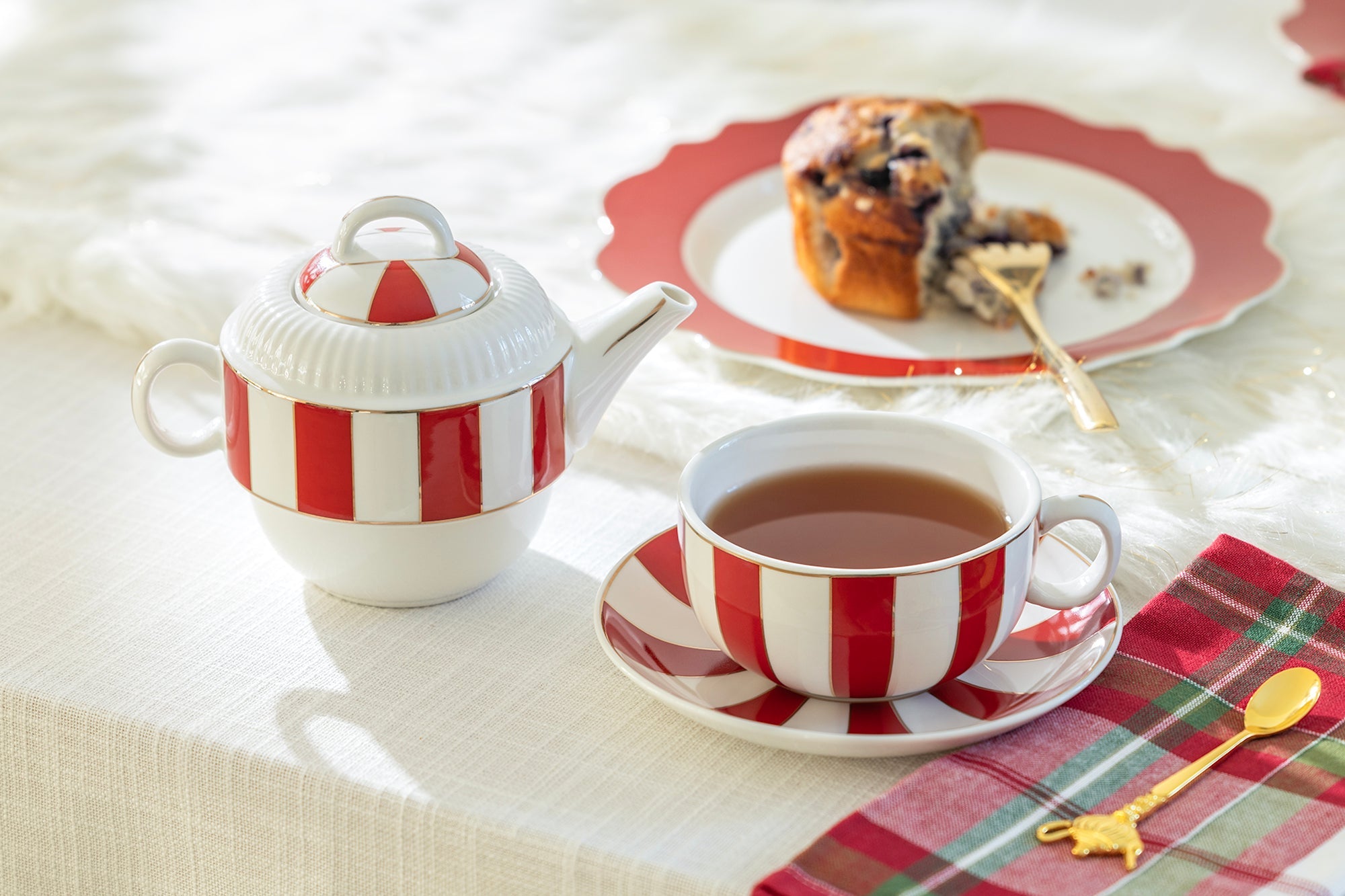 Red Carousel Stripes Fine Porcelain Tea For One Set - CLEARANCE