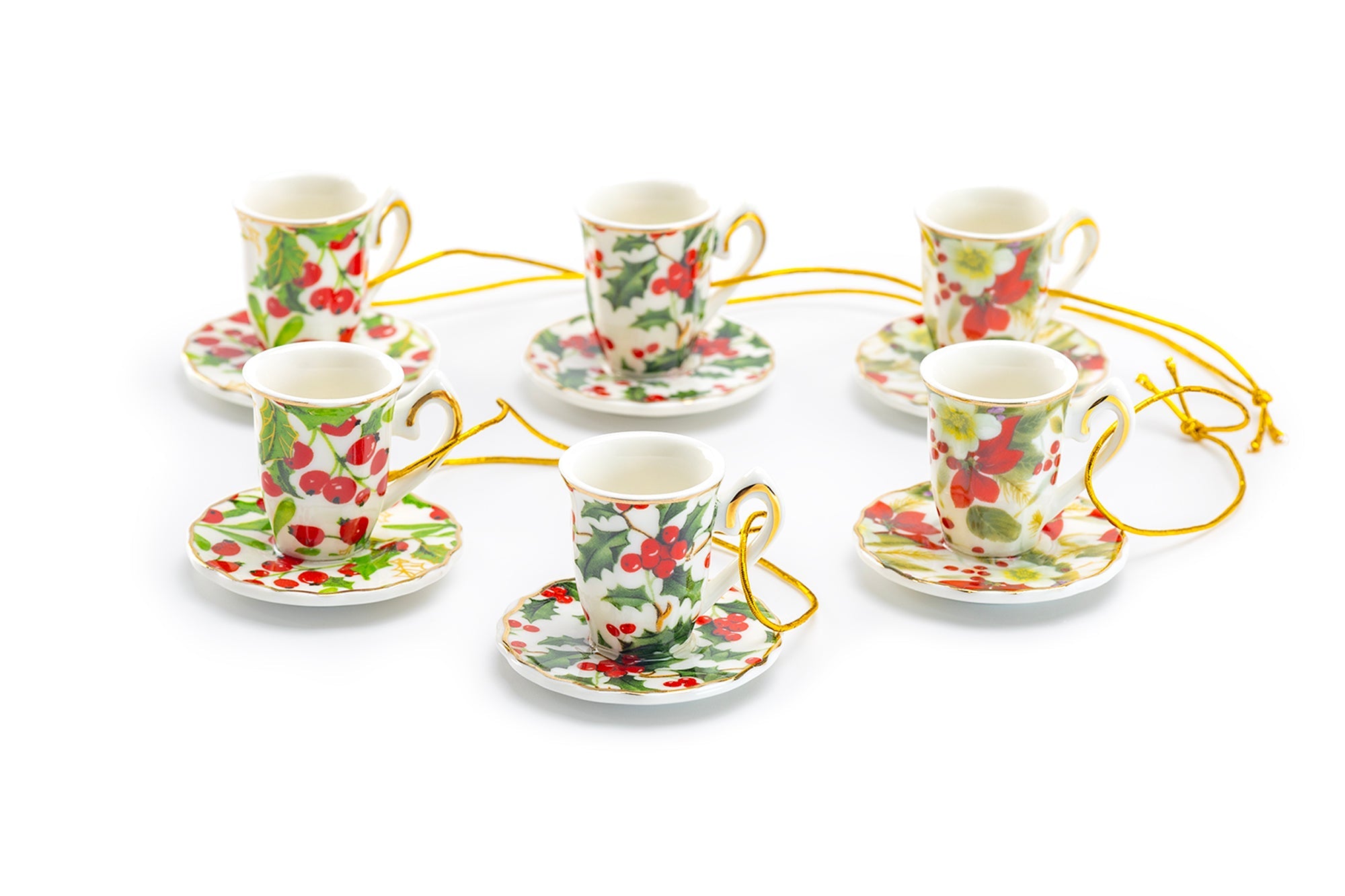 Holly Berries and Poinsettia Assorted Mini Teacups Ornament Set of 6