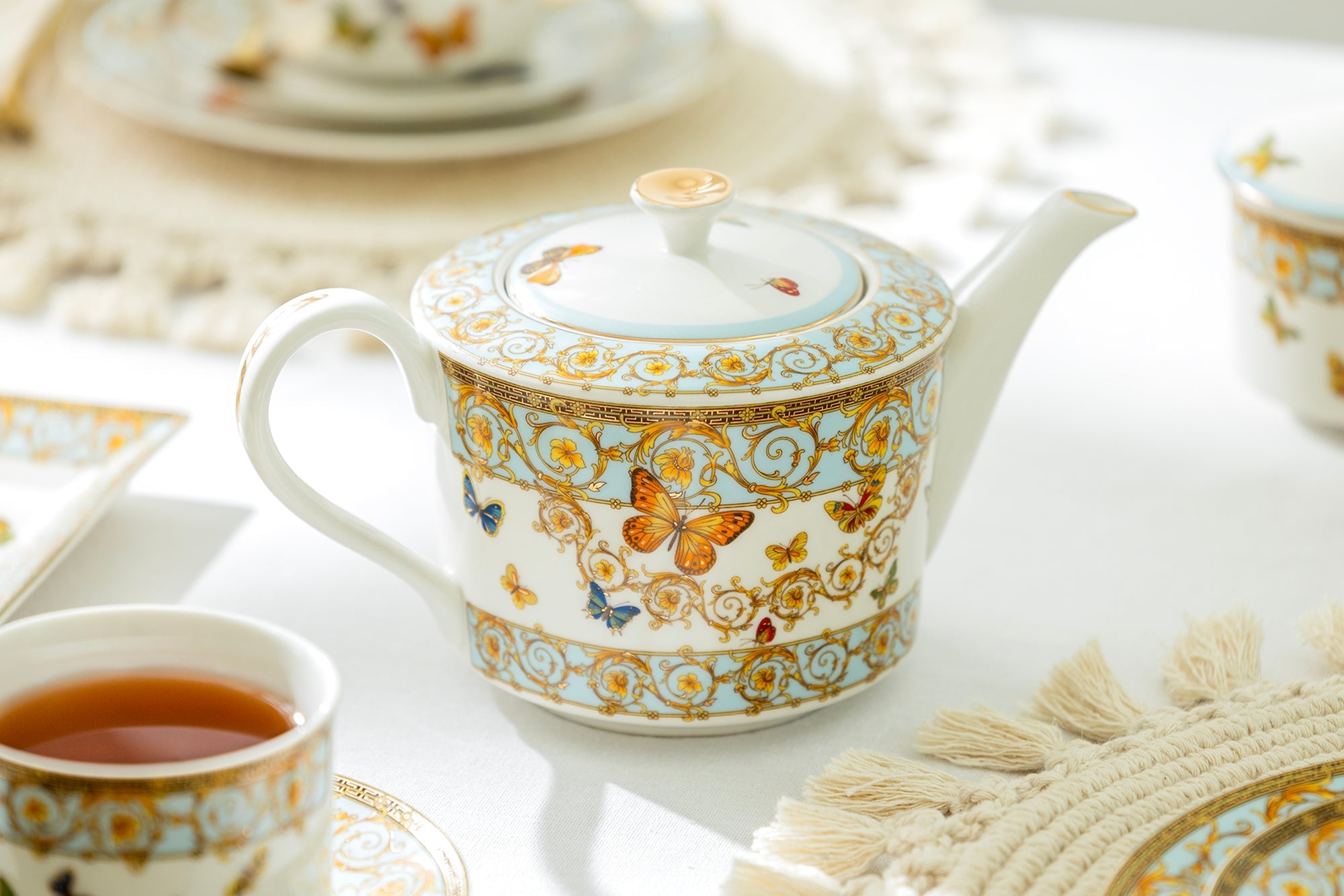 Butterflies with Blue Ornament Fine Porcelain Tea Set