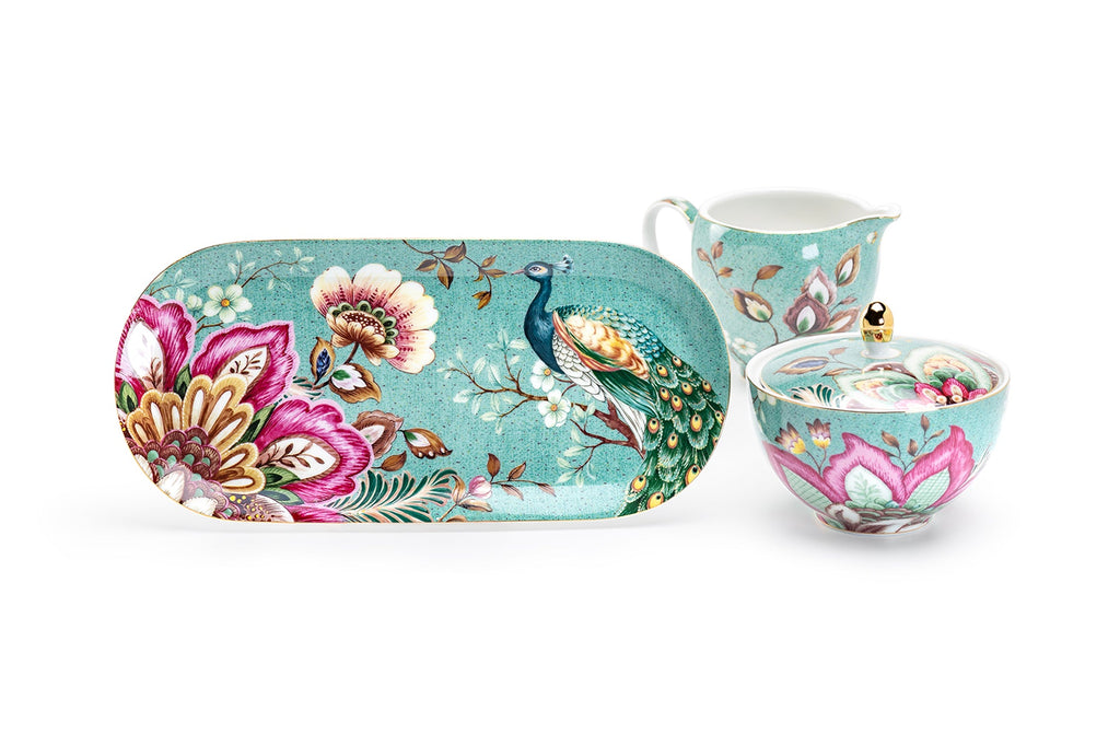 Gift Boxed Peacock Lotus Garden Green Fine Porcelain Sugar Creamer & Serving Tray Set