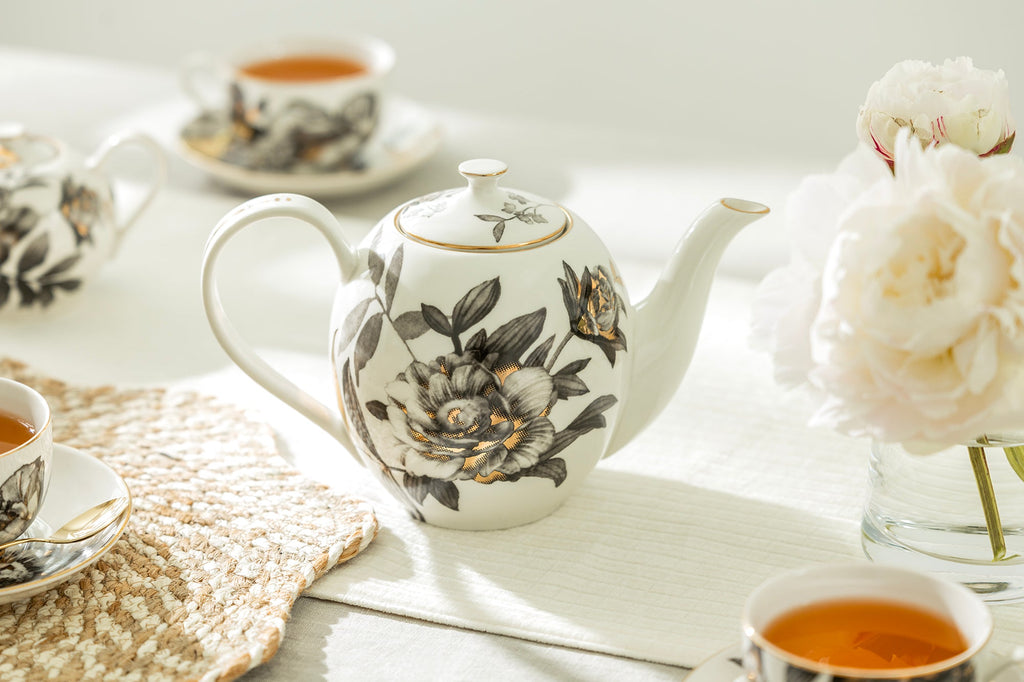 Black Gold Peony Fine Porcelain Teapot - CLEARANCE