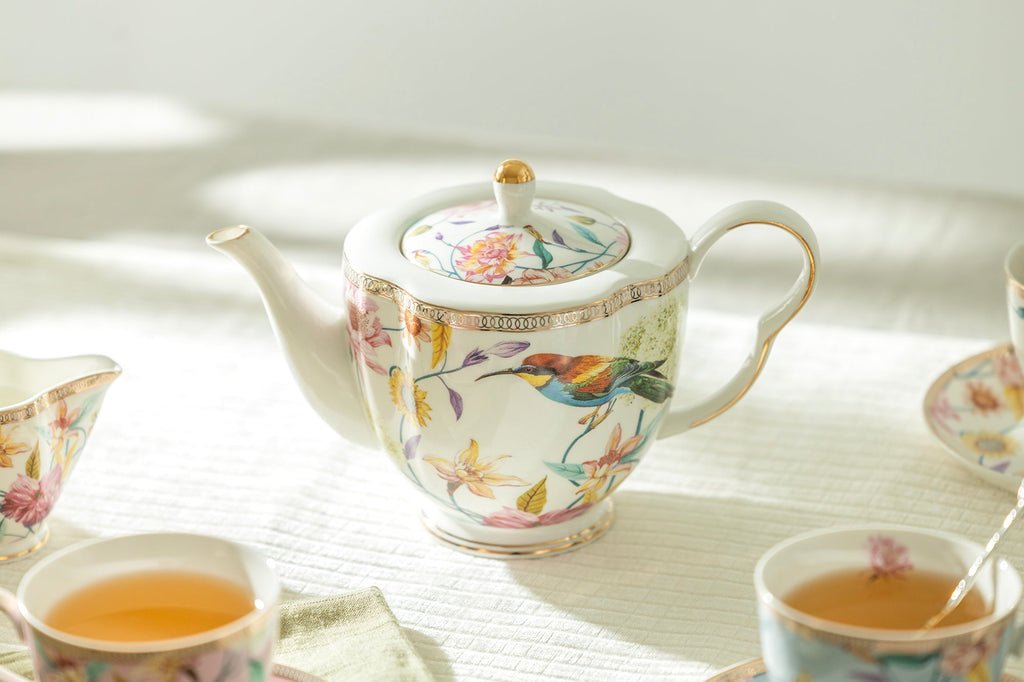 Spring Flowers with Hummingbird Fine Porcelain Fluted Cups Tea Set
