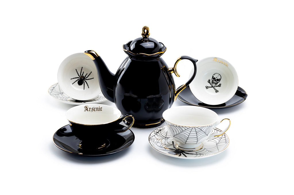 Black Gold Scallop Teapot + 4 Assorted Halloween Tea Cup and Saucer Sets - Arsenic Skull & Spider