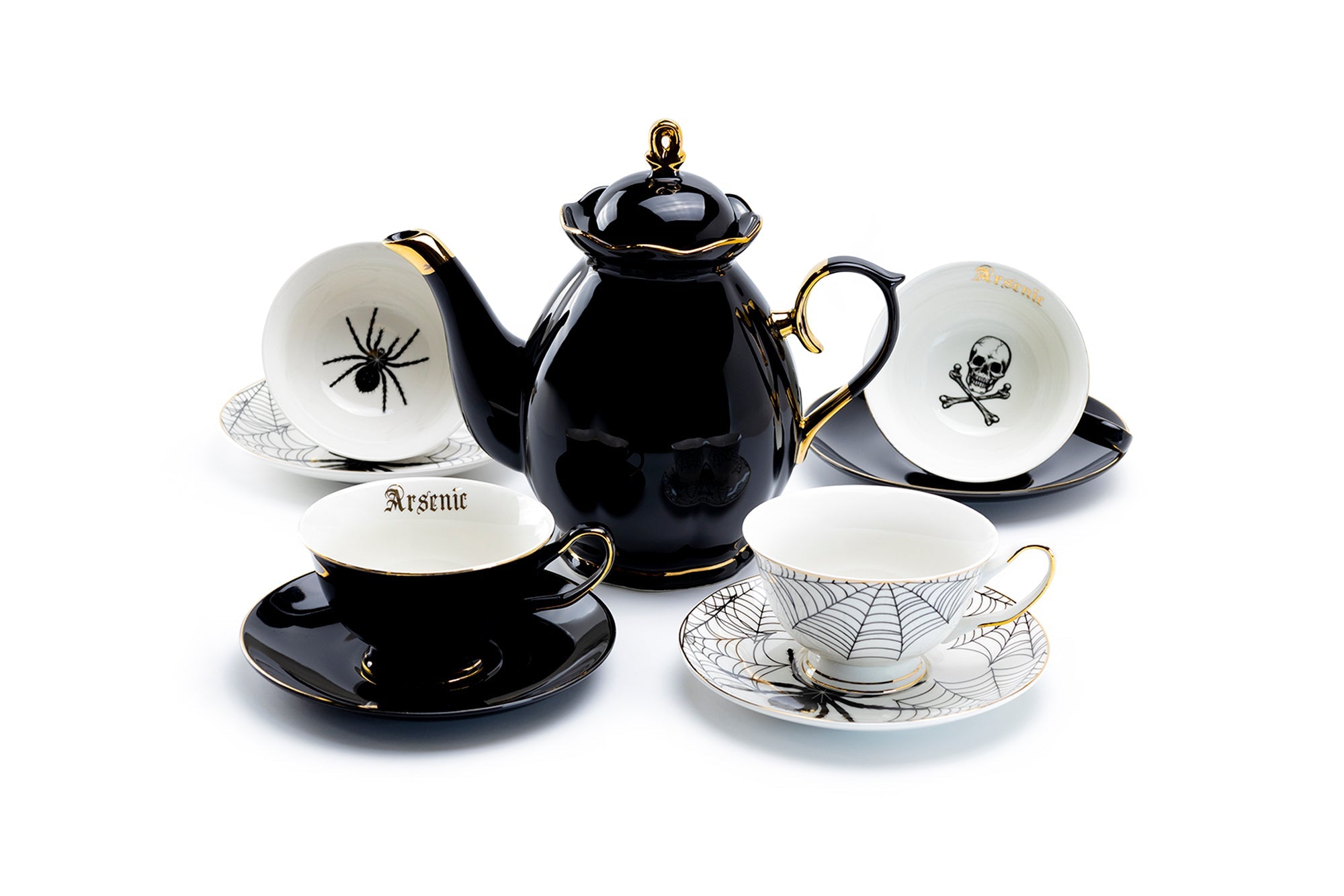 Black Gold Scallop Teapot + 4 Assorted Halloween Tea Cup and Saucer Sets - Arsenic Skull & Spider