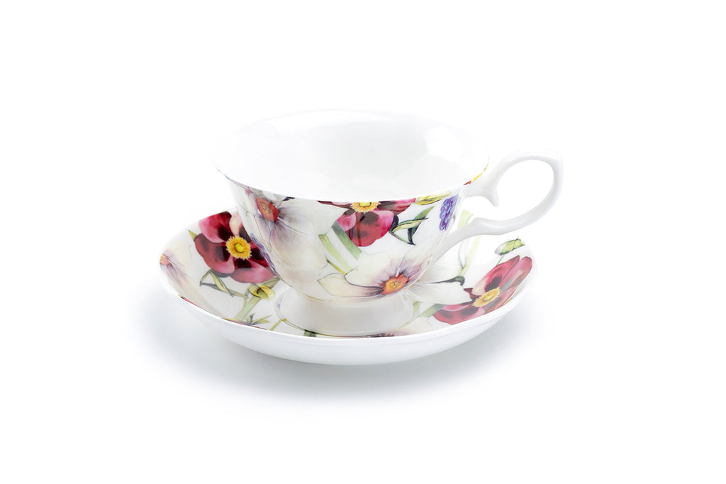 Red Pansy Bone China Tea Cup and Saucer