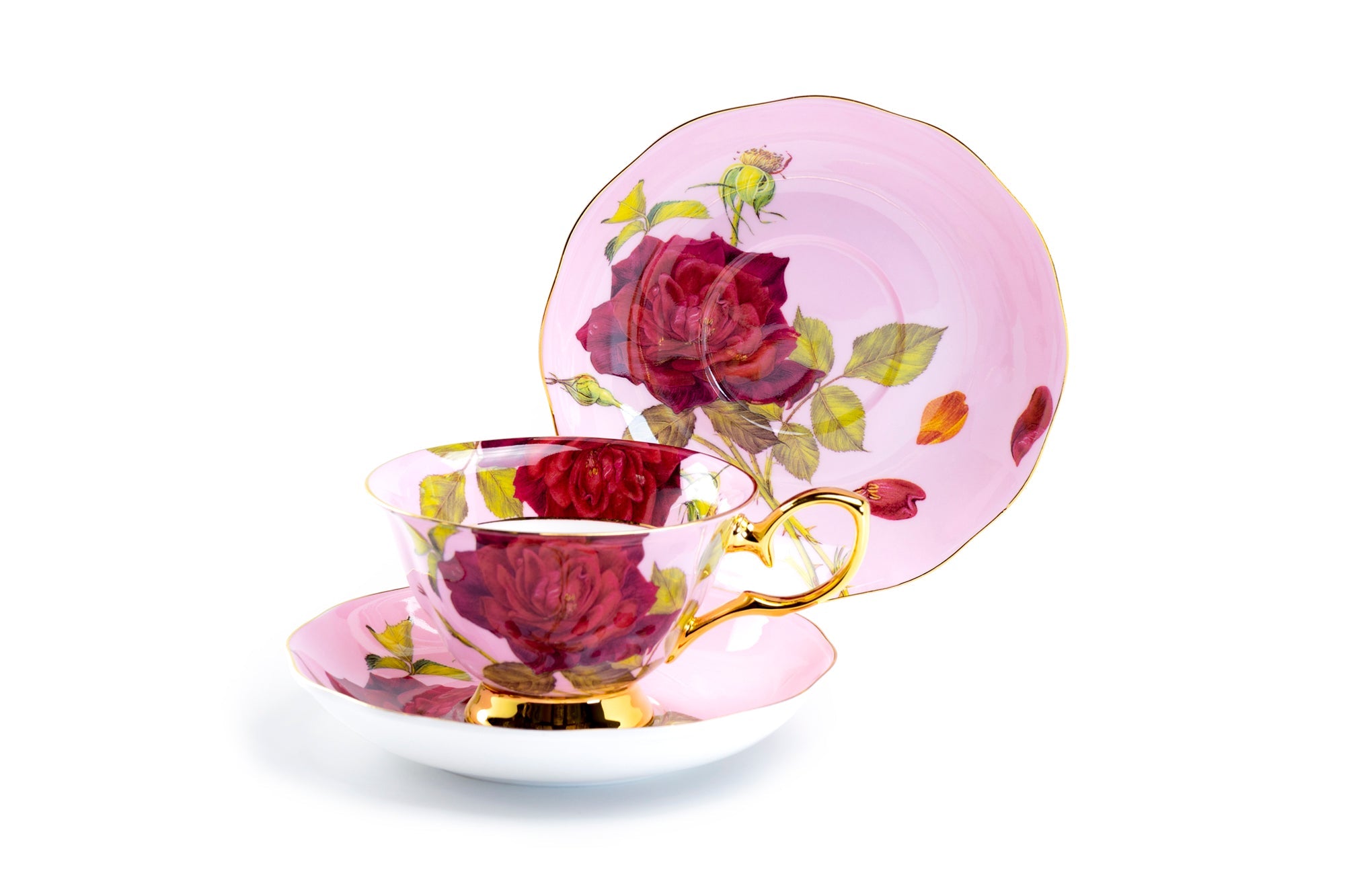 Gold Pink Stem Rose Bone China Tea Cup and Saucer