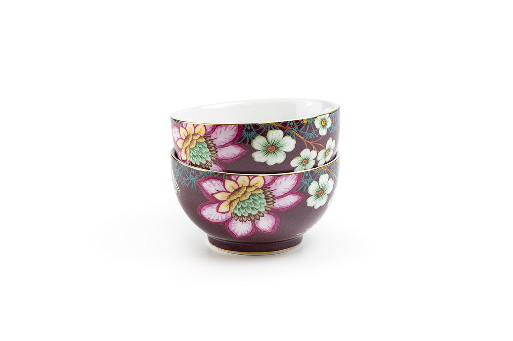 Peacock Lotus Garden Plum Blossom Fine Porcelain Tidbit Bowls Set of 2