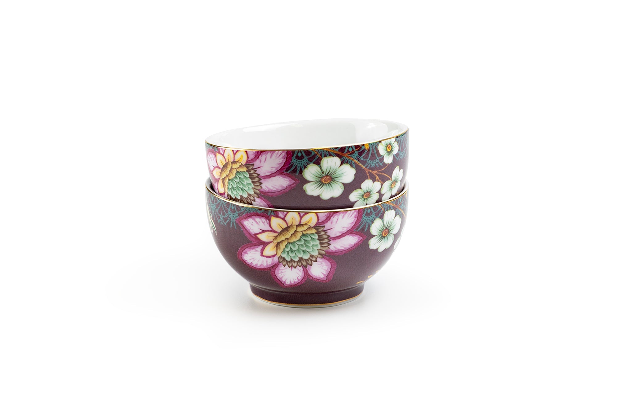 Peacock Lotus Garden Plum Blossom Fine Porcelain Tidbit Bowls Set of 2