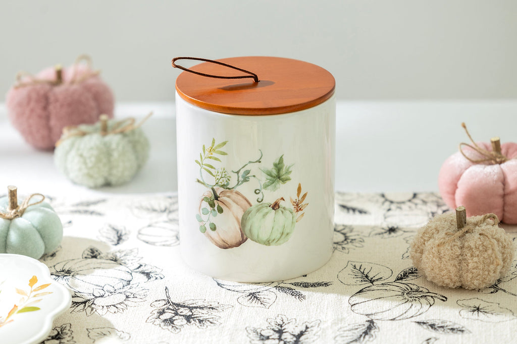 Fall Pumpkins Canister with Walnut Color Bamboo Lid