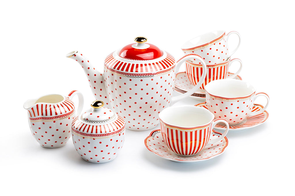 Red Josephine Stripes and Dots Fine Porcelain 11-Piece Tea Set