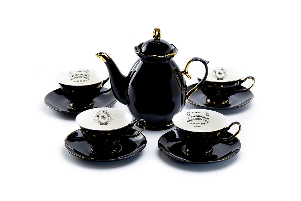 Black Gold Scallop Teapot + 4 Assorted Halloween Tea Cup and Saucer Sets - Ouija & Witchy Crystal Ball
