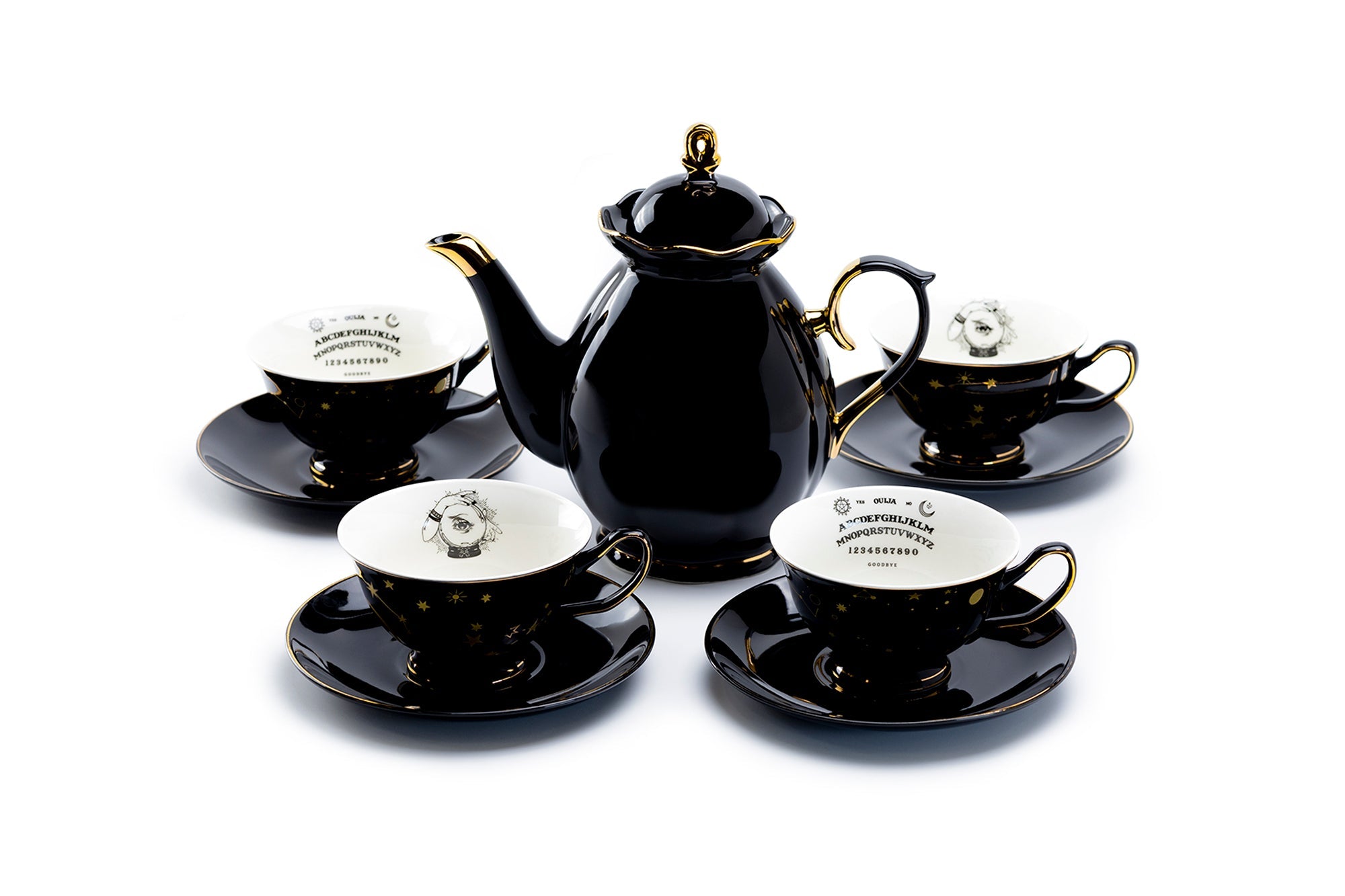 Black Gold Scallop Teapot + 4 Assorted Halloween Tea Cup and Saucer Sets - Ouija & Witchy Crystal Ball