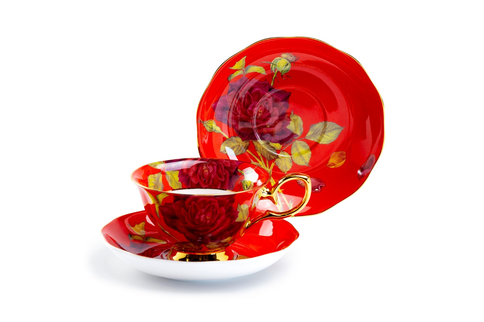 Gold Red Stem Rose Bone China Tea Cup and Saucer