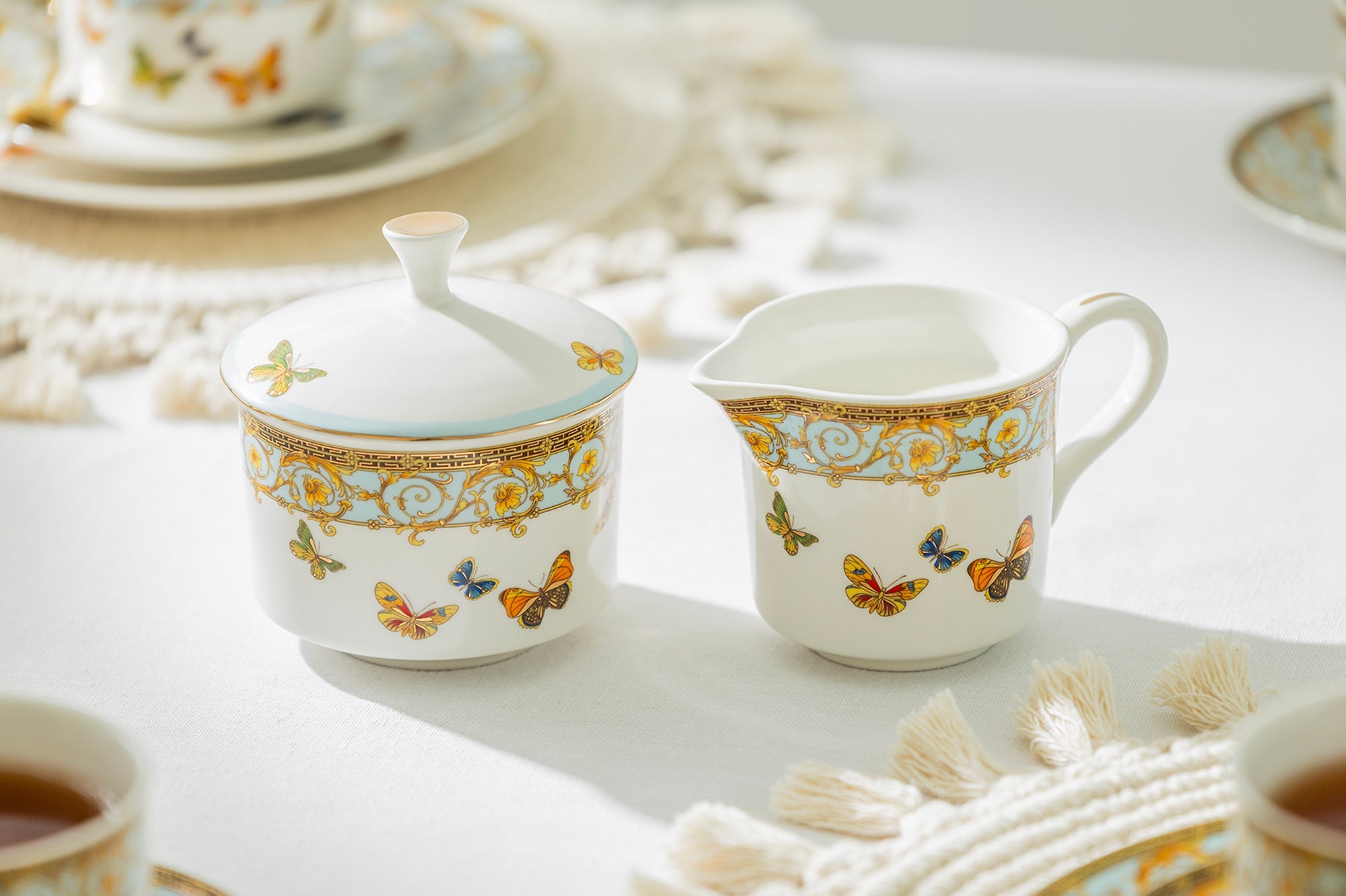 Butterflies with Blue Ornament Fine Porcelain Tea Set