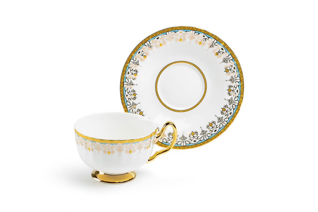 White Floral Toile Fine Porcelain Tea Cup and Saucer